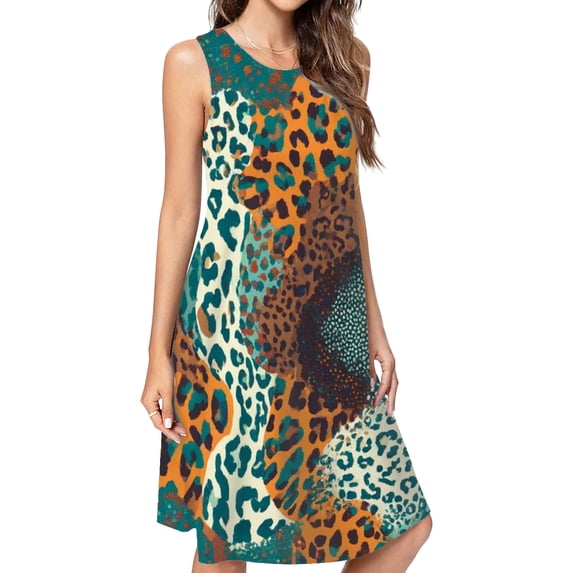 Abstract Teal Orange Leopard Print Casual Sleeveless Loose Sundress Dress For Women Summer Dress Daily Woman