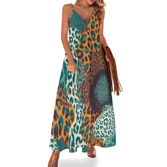 Abstract Teal Orange Leopard Print Sleeveless Dress Women's Evening Dress Womans Clothing