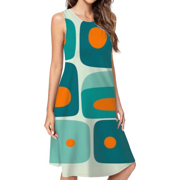Abstract Teal Orange Shapes Design Casual Sleeveless Loose Sundress Dress For Women Summer Dress Daily Woman