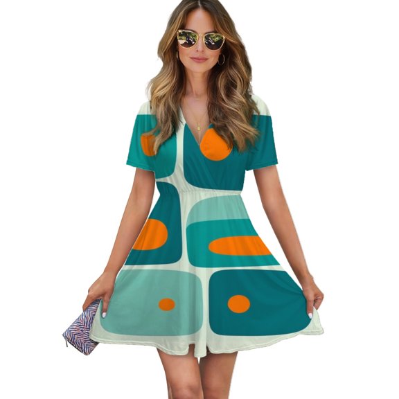 Abstract Teal Orange Shapes Design Women Dress V-Neck Short Sleeve Flowy Swing Party Midi Dress