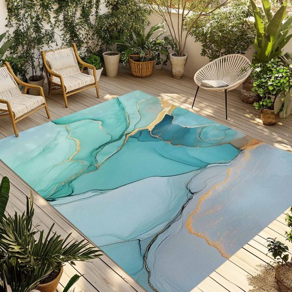 Abstract Teal Outdoor Rug, Aqua Marble Cracks Texture Crystal Modern Non-Slip Area Rugs Carpet Breathable Large Floor Mat for Outdoors Patio Porch Deck Beach 5’ x 8’
