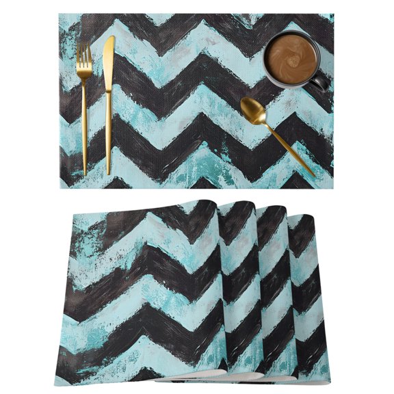 Abstract Teal Placemats Set of 2 Geometric Zigzag Waves Bohemian Stripes Place Mats Indoor Wipeable Table Mats Washable Cloth Dining Table Placemats for Kitchen Holiday Party Home Decor 13x19 Inch