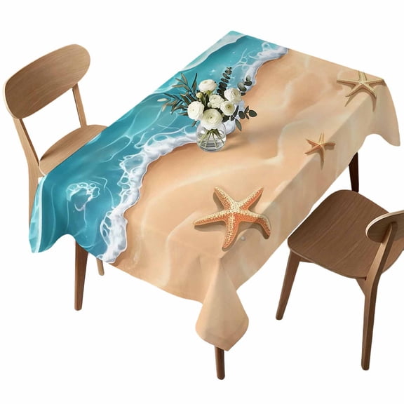 Abstract Teal Rectangle Tablecloth Beach Starfish Sand Ocean Waves Coastal Waterproof Wrinkle Free Soft Table Cloth Spill-Proof Washable Table Cover for Dining Party Picnic 52 x 70 Inch