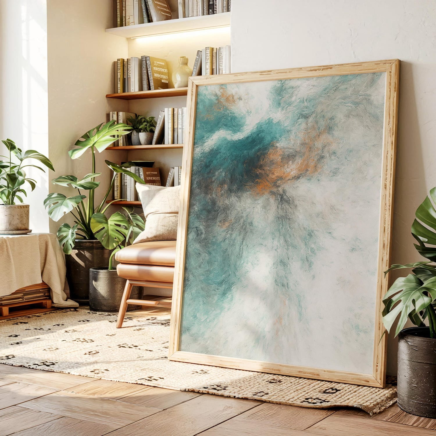 Abstract Teal And Rust Cloud Wall Art With Soft Brush Texture For ...