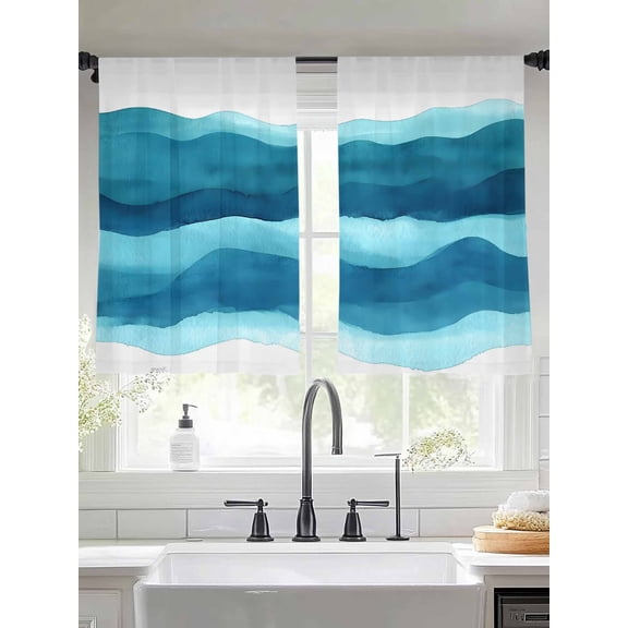 Abstract Teal Sheer Curtains 45 Inches Long 2 Panels Blue Gradient Waves Watercolor Modern Art Light Filtering Semi Sheer Window Curtains Drapes for Bedroom Living Room 52"x45"