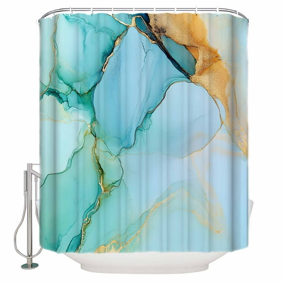 Abstract Teal Shower Curtain, 48" x 72", Green Gold Marble Natural Stone Cracks Modern Waterproof Bathroom Curtain Washable Shower Curtain Set with 12 Hooks