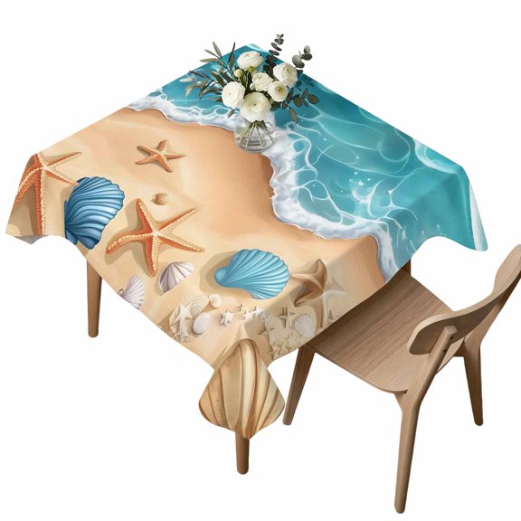 Abstract Teal Square Tablecloth Beach Starfish Seashell Sand Ocean Waves Waterproof Wrinkle Free Soft Table Cloth Spill-Proof Washable Table Cover for Dining Party Picnic 54 x 54 Inch