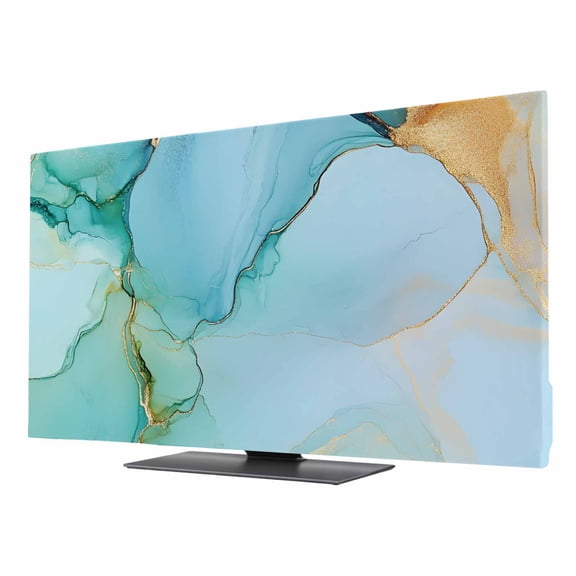 Abstract Teal TV Dust Cover 40 Inch, Green Gold Marble Natural Stone Cracks Modern Computer Monitor Cover Dustproof Stretchable Indoor TV Screen Protector for LED LCD Universal Monitors