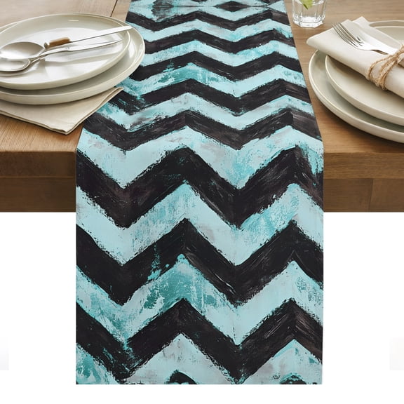 Abstract Teal Table Runner Geometric Zigzag Waves Bohemian Stripes Tablerunners 13 x 36 Inch, Table Decorations Tabletop Scarf for Summer Gathering Holiday Farmhouse Kitchen Dining Decor