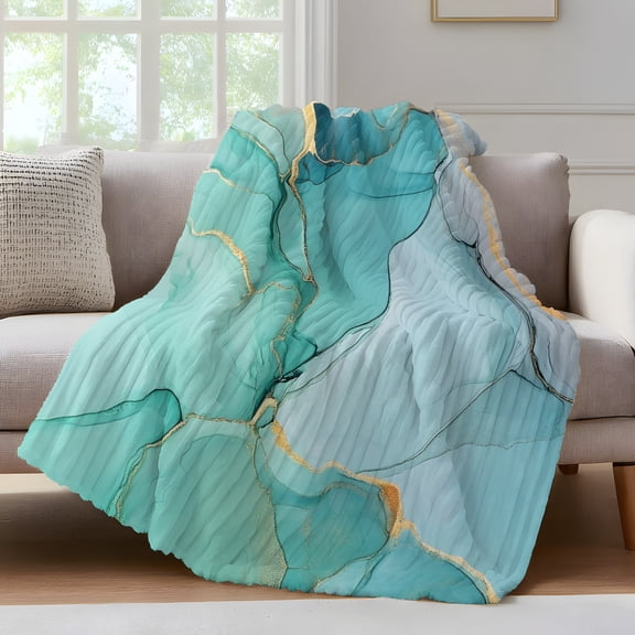 Abstract Teal Throw Blanket for Couch Aqua Marble Cracks Texture Crystal Modern Soft and Warm Flannel 3D Striped Fluffy Fuzzy Fleece Blanket Lightweight Throw for Bed, Sofa 30 x 40 Inches