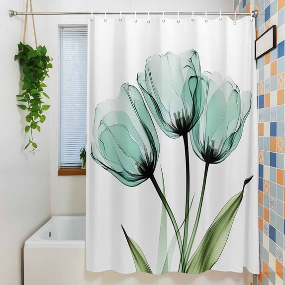 Abstract Teal Tulip Blossom Flower Shower Curtain for Bathroom, Spring Floral Green Leaves Waterproof Shower Curtains Washable Quick Dry with Hooks Bathtub Curtains 60x72IN