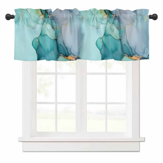 Abstract Teal Valances for Windows Blue Gold Marble Natural Stone Cracks Modern Rod Pocket Curtain Valance Window Treatment Short Curtains for Kitchen Living Room, 42"x12"