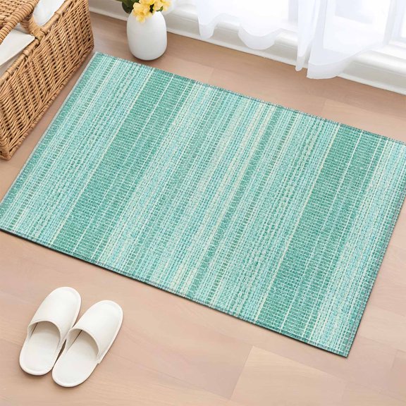 Abstract Teal Washable Area Rug 2 x 3 ft Rustic Farmhouse Minimalist Teal Vertical Striped Lines , Soft Non Slip Rugs Stain Repellent Indoor Felt Carpet for Living Dining Room Bedroom Home Office