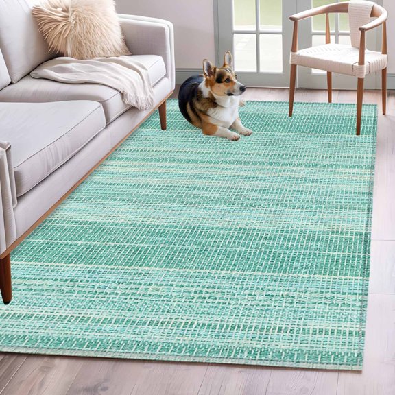 Abstract Teal Washable Area Rug 3x5 Rustic Farmhouse Minimalist Teal Vertical Striped Lines Low-Profile Small Area Rugs with Non Slip Backing Indoor Floor Carpet for Entrance Living Room Bedroom