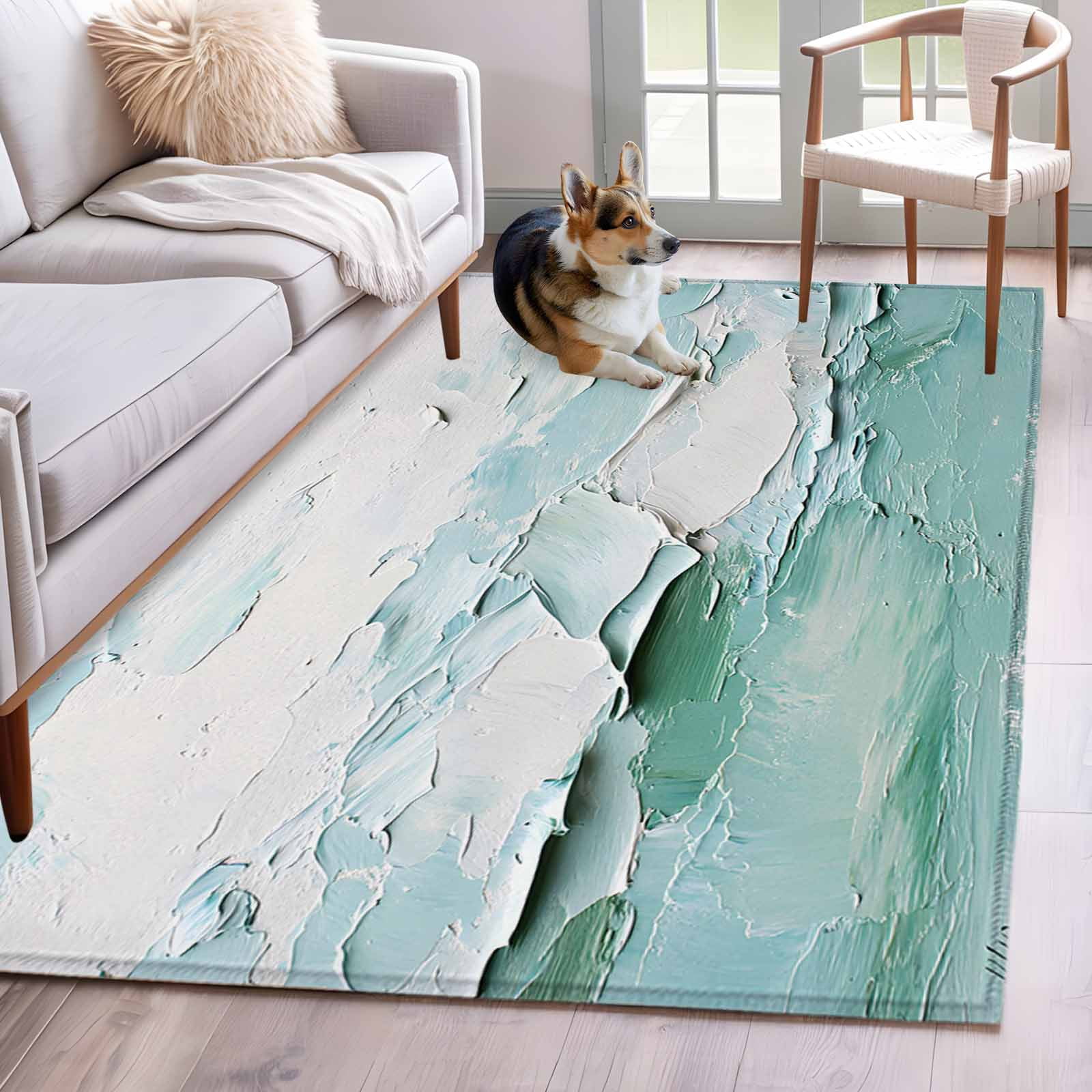 Abstract Teal Washable Area Rug 4x6 Green White Oil Painting Texture ...