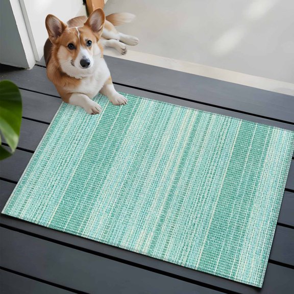 Abstract Teal Washable Entry Rug 2x3 Rustic Farmhouse Minimalist Teal Vertical Striped Lines Low-Profile Area Rugs with Non Slip Backing Indoor Floor Carpet for Entrance Living Room Bedroom