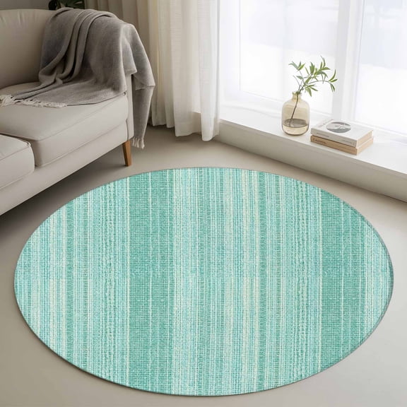 Abstract Teal Washable Round Area Rug 3 ft, Rustic Farmhouse Minimalist Teal Vertical Striped Lines , Soft Non Slip Rugs Stain Repellent Indoor Felt Carpet for Living Dining Room Bedroom Home Office