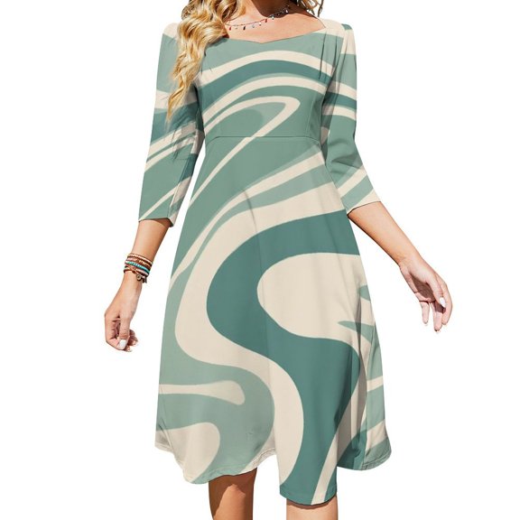 Abstract Teal Wavy Design Womens Summer Dress Tie Back A Line Flare Dress