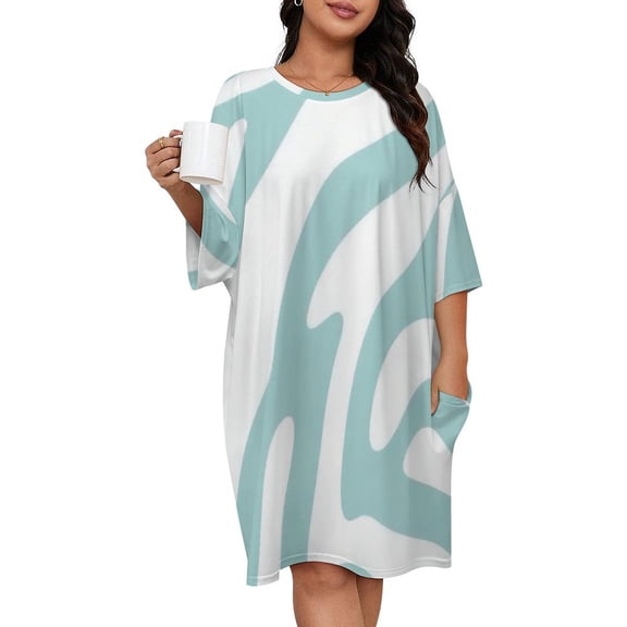 Abstract Teal White Pattern Design Sleepshirts For Sleeping Travels Loose Sleepdress Pajama Dress Soft Nightdress Sleepwear