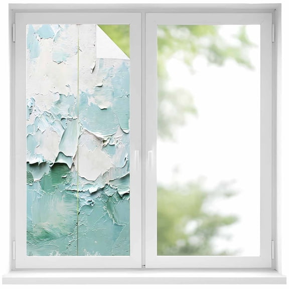 Abstract Teal Window Privacy Film Green White Oil Painting Texture Modern Art Decorative Glass Window Film UV Blocking Static Cling Non-Adhesive Sticker Covering for Home Door 17.7 x 39.3 inches