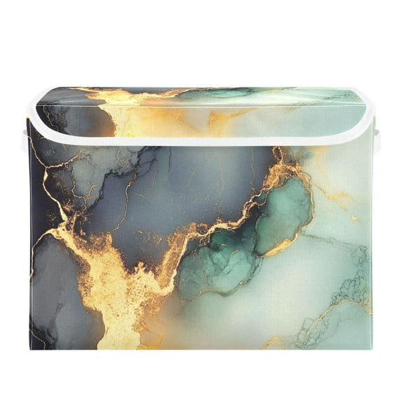 Abstract Teal and Gold Large Storage Bins with Linen Collapsible Lid Storage Box 16.7 x 12.6 x 11.8in