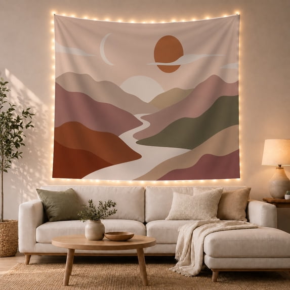 Abstract Terracotta Mountain Valley with Crescent Moon in Olive Landscape, Dreamy Boho for Nature Lovers, Wall Art Decor, Housewarming Gift Tapestry Wall Hanging for Bedroom and Living Room