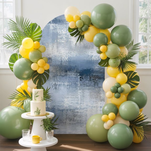 Abstract Texture Arch Backdrop Cover, 4FT, Modern Denim Blue Gray Blotted Watercolor Fields Spandex Arch Covers Double-Sided Backdrop for Wedding Birthday Party Photo Background Decoration