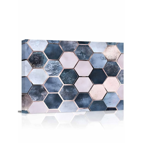 Abstract Texture Canvas Print Wall Art Modern Blue Hexagon Art Pictures Painting Morden Artwork for Living Room Bedroom, Ready to Hang - 12"x16"