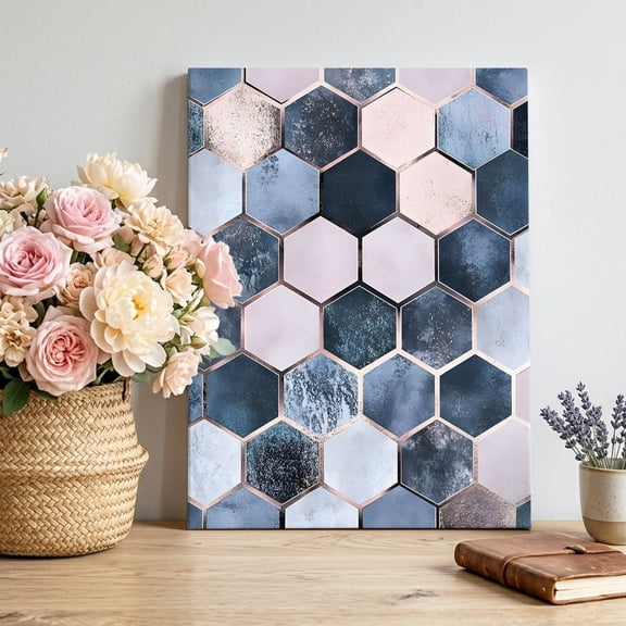Abstract Texture Canvas Wall Art, Modern Blue Hexagon Art Framed Canvas Wall Decor Picture Print Artwork Decorations for Living Room Office Ready to Hang 32" x 24"