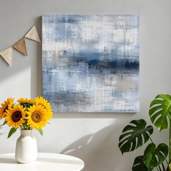 Abstract Texture Canvas Wall Art, Modern Denim Blue Gray Blotted Watercolor Fields Framed Canvas Wall Decor Picture Print Artwork Decorations for Living Room Office Ready to Hang 12" x 12"