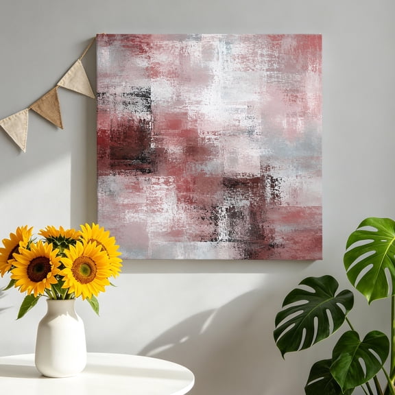 Abstract Texture Canvas Wall Art, Modern Red Gray Blotted Watercolor Fields Art Framed Canvas Wall Decor Picture Print Artwork Decorations for Living Room Office Ready to Hang 12" x 12"