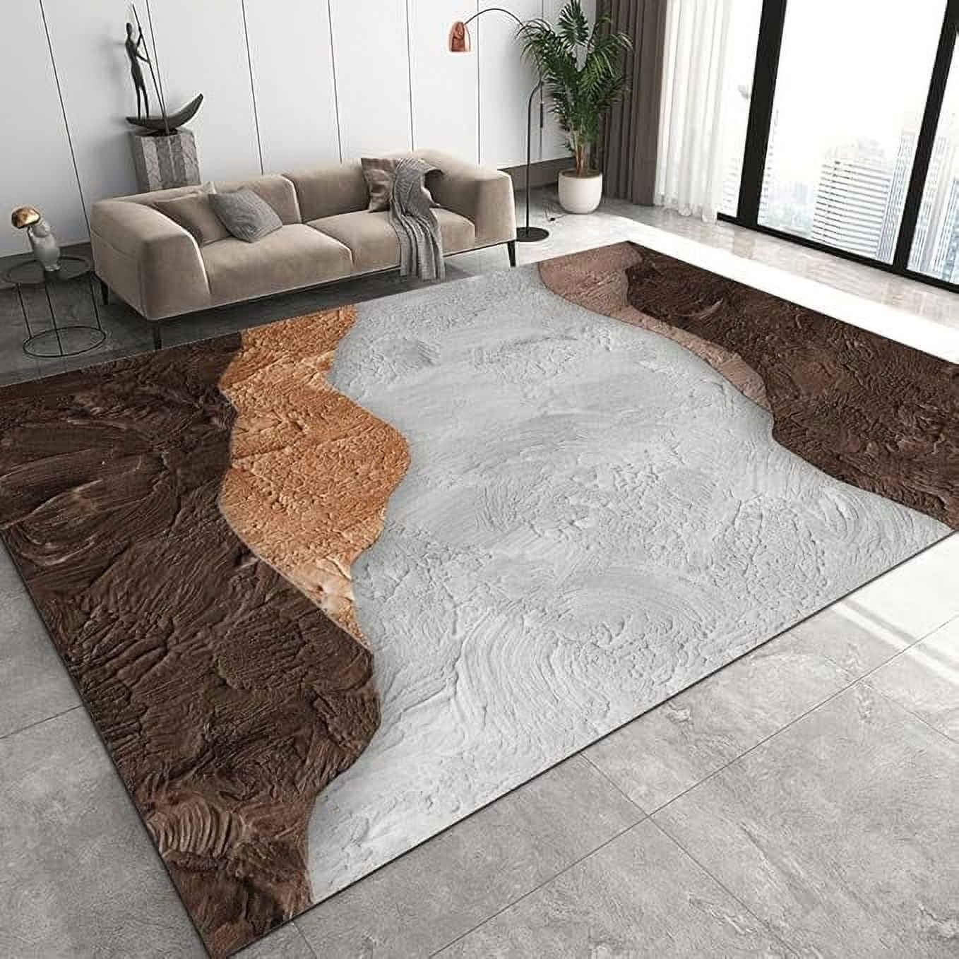 Abstract Texture Large Area Rug, Brown Gray Runner Rugs, Non-Slip Floor ...