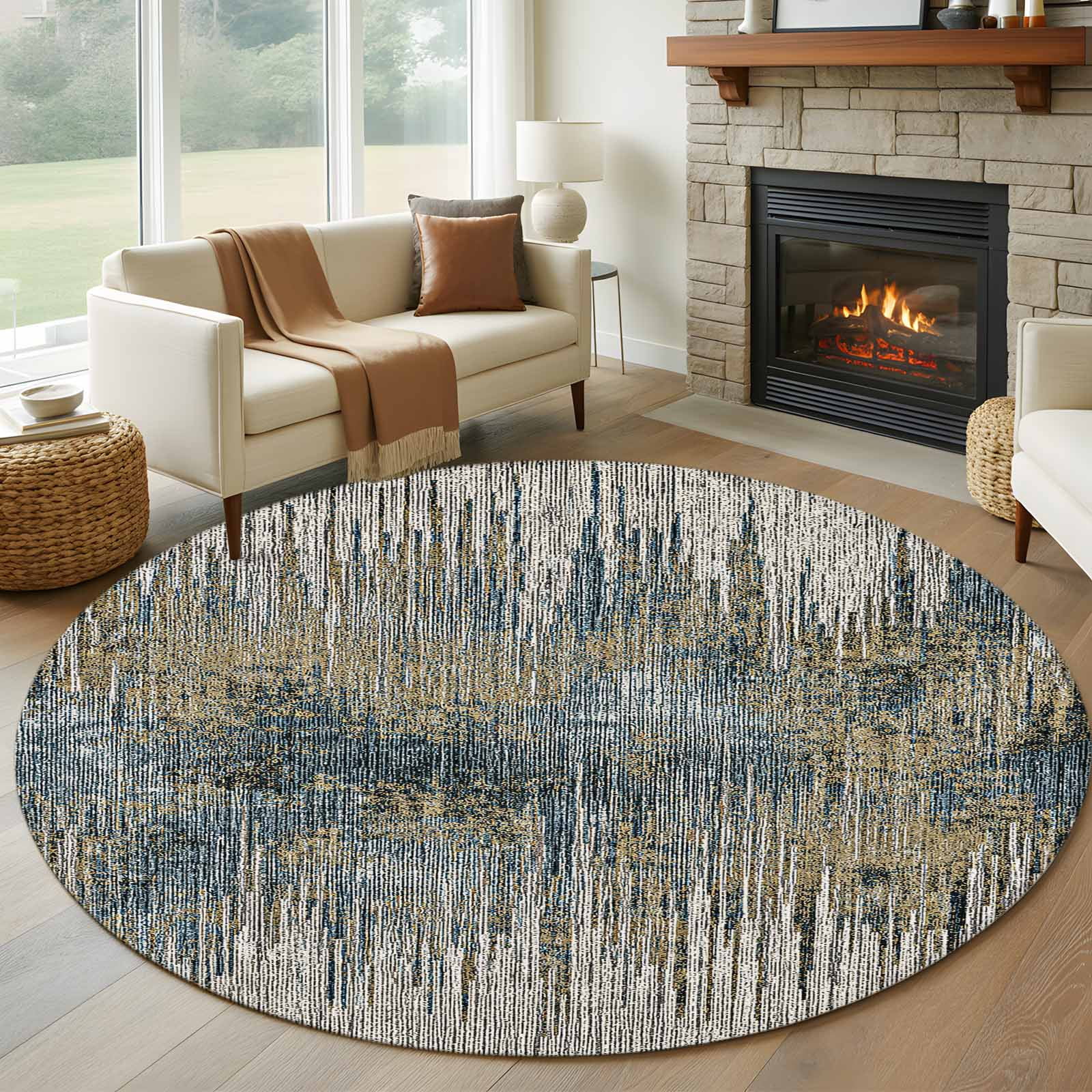 Abstract Texture Round Area Rug 6ft Modern Grey Blue Strips Lines ...