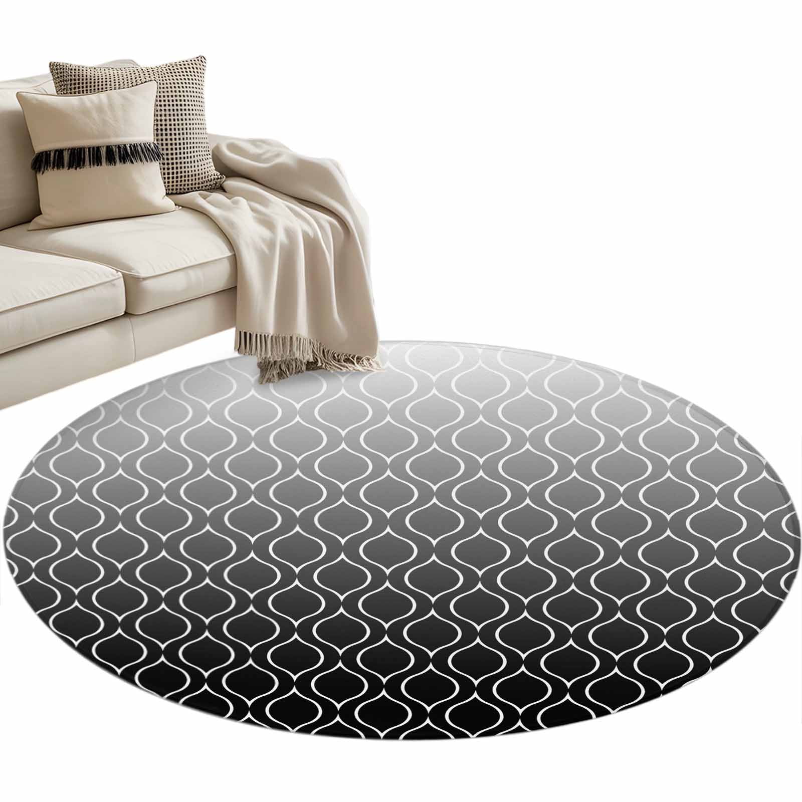 Textured Neutral Round Rug Abstract Texture Round Area Rug 3.3ft Classic Black Gradient Line Non ...