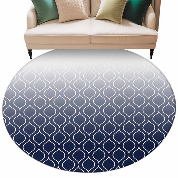 Abstract Texture Round Area Rug 5ft Classic Navy Blue Gradient Line Non-Slip Washable Circle Rugs Soft Felt Indoor Floor Mat for Bedroom Kitchen Living Room Bathroom