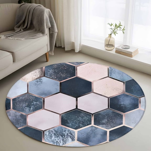 Abstract Texture Round Rugs for Living Room 3ft Modern Blue Hexagon Art Non Slip Circle Rug Washable Low-Profile Indoor Carpet for Bedroom, Dining Room, Bathroom