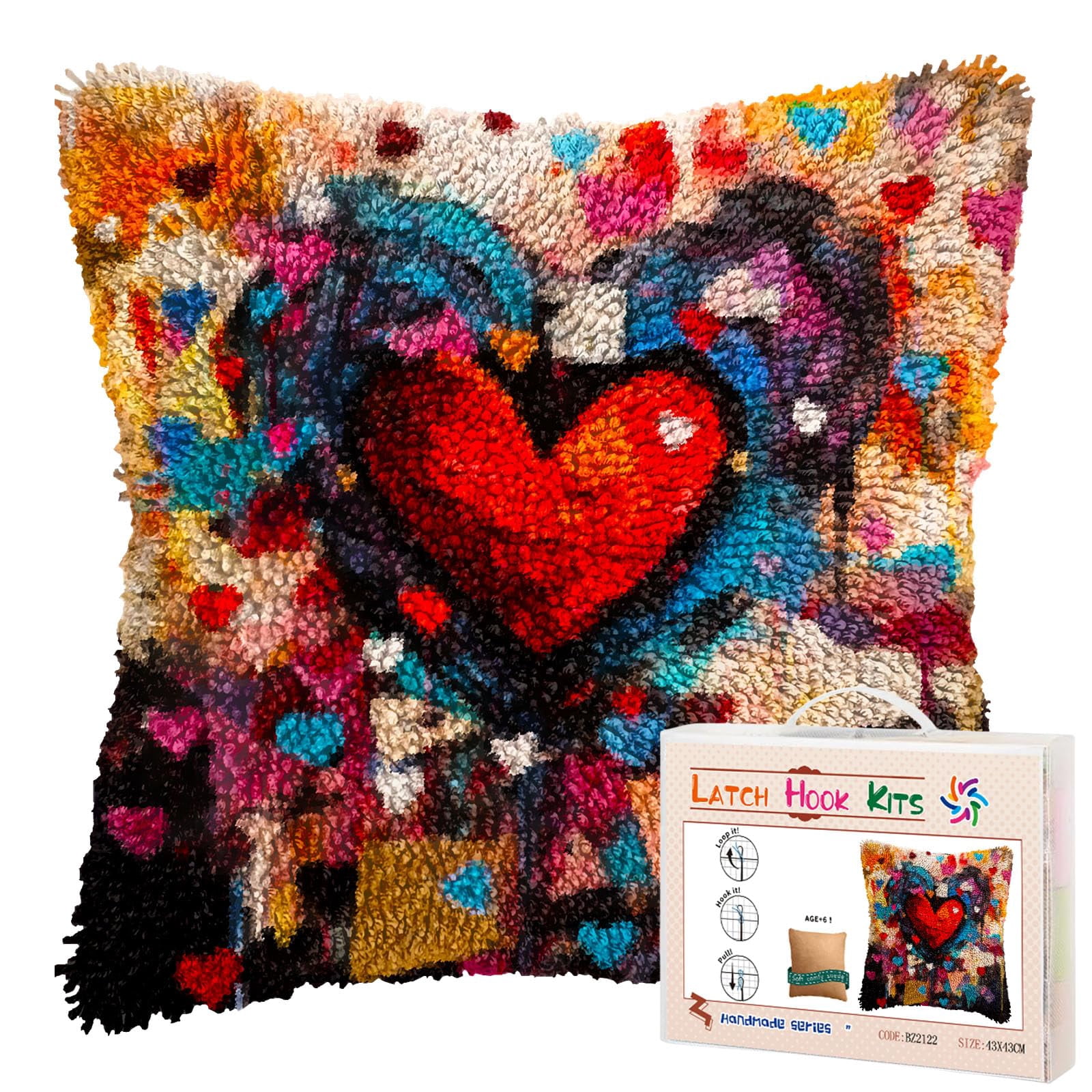 Abstract Textured Hear-shape in Red DIY Latch Hook Pillow Kits for Adults Printed Pillowcase Crochet Yarns Hooking Handmade Pillow Cover Cushion for Home Sofa Decoration 17x17inch
