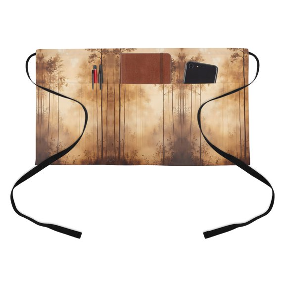 Abstract Theme Kitchen Restaurant Half Waist Apron, Impressionist Style Brown Forest Tree Server Short Apron with 3 Pockets Waterproof Oil Waist Aprons for Women Waitress Waiter