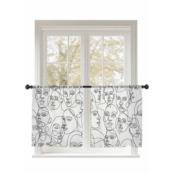 Abstract Theme Sheer Curtains 2 Panels Set Blue Modern Simple Character Line Lihgt Filtering Rod Pocket Voile Drape, Semi Sheer Window Curtains for Bedroom Living Room, 52"x45"