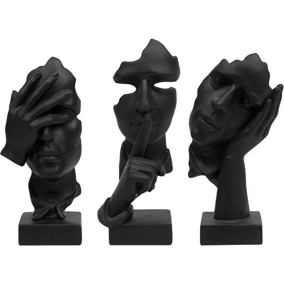 3-Pack Thinker Statue Set, Silence is Gold Abstract Art Figurines (Black), No Hear No See No Speak Modern Resin Sculptures for Home Office Bookshelf Desktop Decor