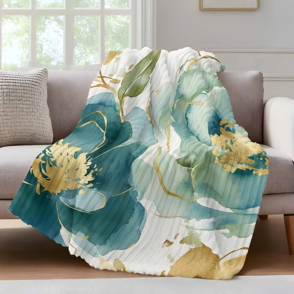 Abstract Throw Blanket for Couch Green Peony Pattern Petals Leaves Gold Lines Retro Soft and Warm Flannel 3D Striped Fluffy Fuzzy Fleece Blanket Lightweight Throw for Bed, Sofa 40 x 50 Inches
