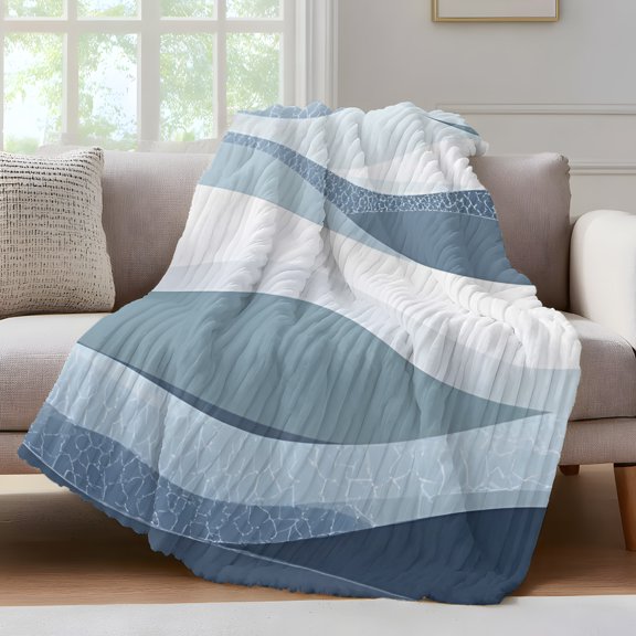 Abstract Throw Blanket for Couch Sea Wave Geometric Blue Grey Gradient Water Ripple Soft and Warm Flannel 3D Striped Fluffy Fuzzy Fleece Blanket Lightweight Throw for Bed, Sofa 30 x 40 Inches