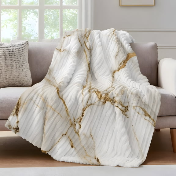 Abstract Throw Blanket for Couch White Marble Pattern Gold Crack Texture Minimalism Soft and Warm Flannel 3D Striped Fluffy Fuzzy Fleece Blanket Lightweight Throw for Bed, Sofa 50 x 60 Inches