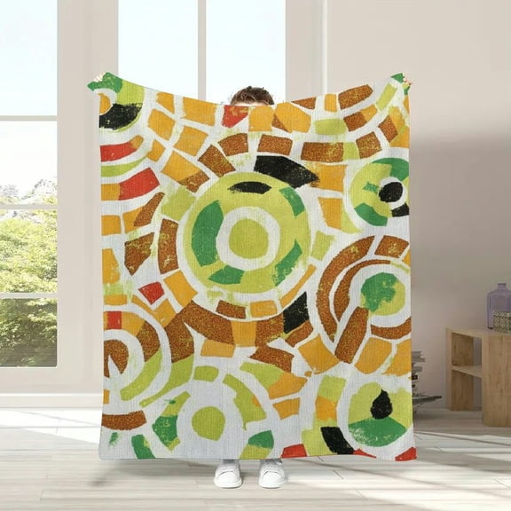 Abstract Throw Blanket, Modern Themed Geometric Pattern of Circles and Polygonal Shapes, Flannel Accent Piece Soft Couch Cover for Adults, Apple Green and Ginger