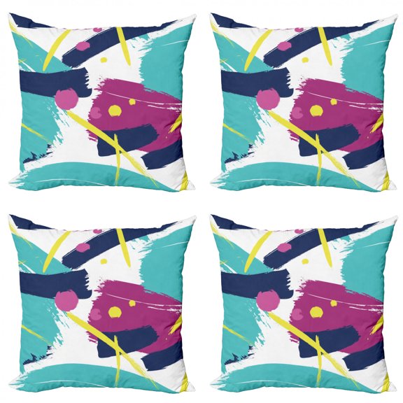 Abstract Throw Pillow Cushion Case Pack of 4, Brush Strokes Pattern with Stripes and Dots Hand Drawn Contemporary Style Design, Modern Accent Double-Sided Print, 4 Sizes, Multicolor, by Ambesonne
