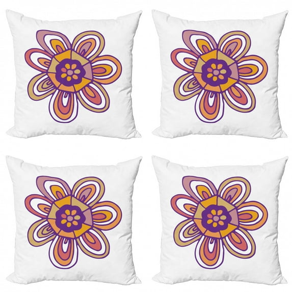 Abstract Throw Pillow Cushion Case Pack of 4, Cartoon Style Doodled 7 Petal Lonely Flower on White Background, Modern Accent Double-Sided Print, 4 Sizes, Multicolor, by Ambesonne