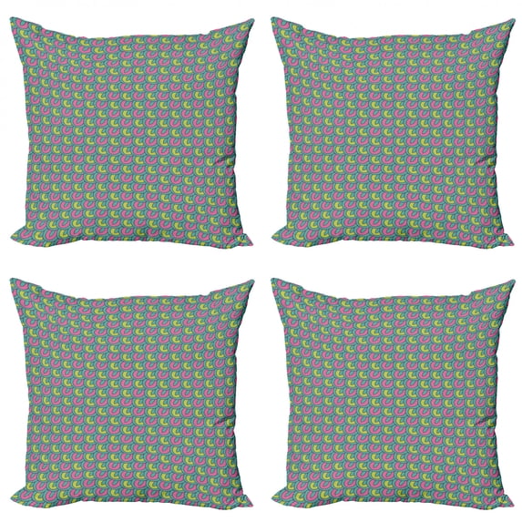 Abstract Throw Pillow Cushion Case Pack of 4, Continuous Doodle Pattern with Retro Overlap Motif, Modern Accent Double-Sided Print, 4 Sizes, Dark Seafoam Apple Green, by Ambesonne