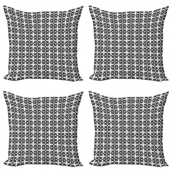 Abstract Throw Pillow Cushion Case Pack of 4, Continuous Monochrome Pattern with Vintage Geometric Motif Repetition, Modern Accent Double-Sided Print, 4 Sizes, Charcoal Grey and White, by Ambesonne