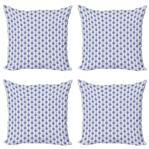Abstract Throw Pillow Cushion Case Pack of 4, Continuous Pattern with Quirky Circular Feathers Motif Illustration, Modern Accent Double-Sided Print, 4 Sizes, Blue Violet and White, by Ambesonne