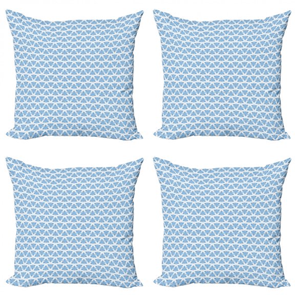Abstract Throw Pillow Cushion Case Pack of 4, Continuous Pattern with Rounds and Leaves in Monochrome Design Print, Modern Accent Double-Sided Print, 4 Sizes, Sea Blue and White, by Ambesonne